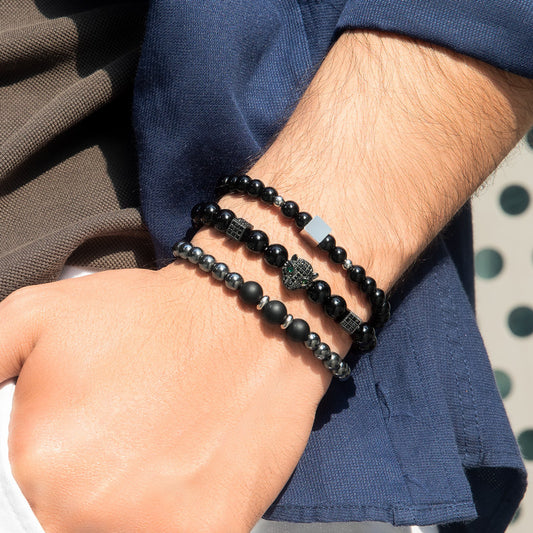 Iced Panther Black Obsidian Beaded Stretch Bracelet