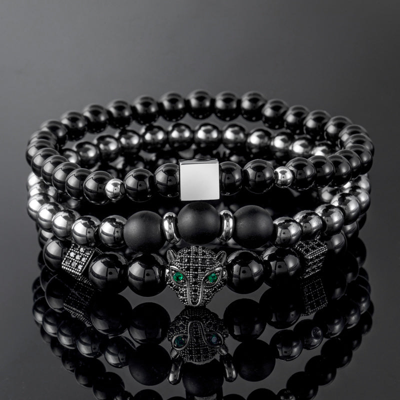 Iced Panther Black Obsidian Beaded Stretch Bracelet