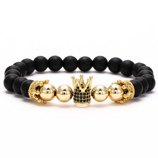 Black Frosted & Copper Beads Gold Crown Bracelet