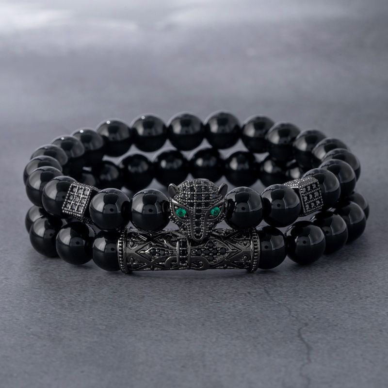 Panther Black Obsidian Beaded Stretch Bracelet