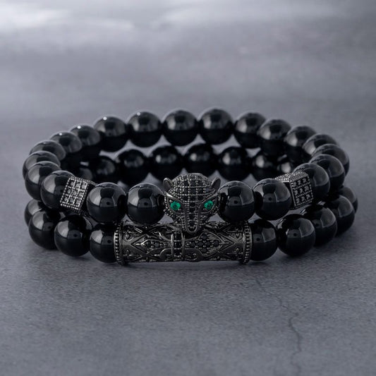 Panther Black Obsidian Beaded Stretch Bracelet