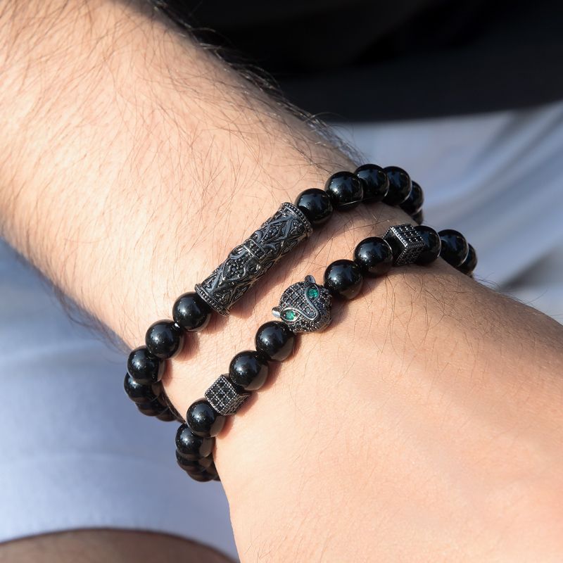 Panther Black Obsidian Beaded Stretch Bracelet