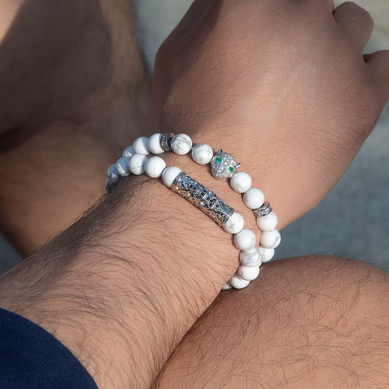 Iced Panther White Turquoise Beaded Stretch Bracelet