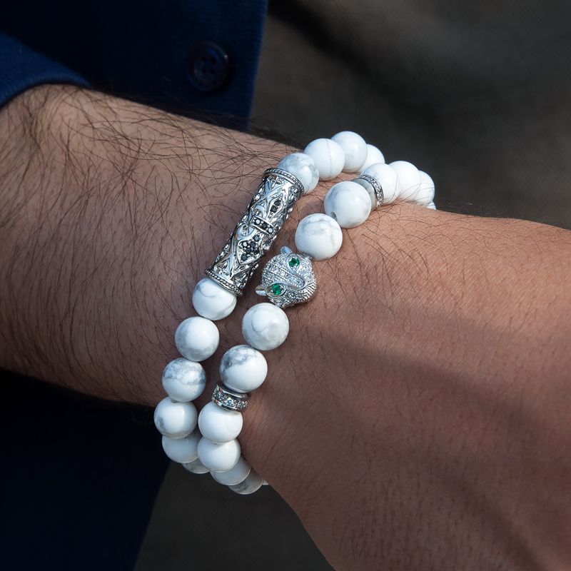 Iced Panther White Turquoise Beaded Stretch Bracelet