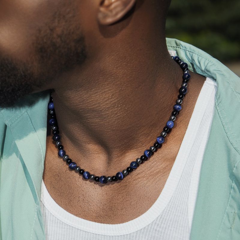 Men's Blue TigerEye Gemstone Beaded Crystal Necklace