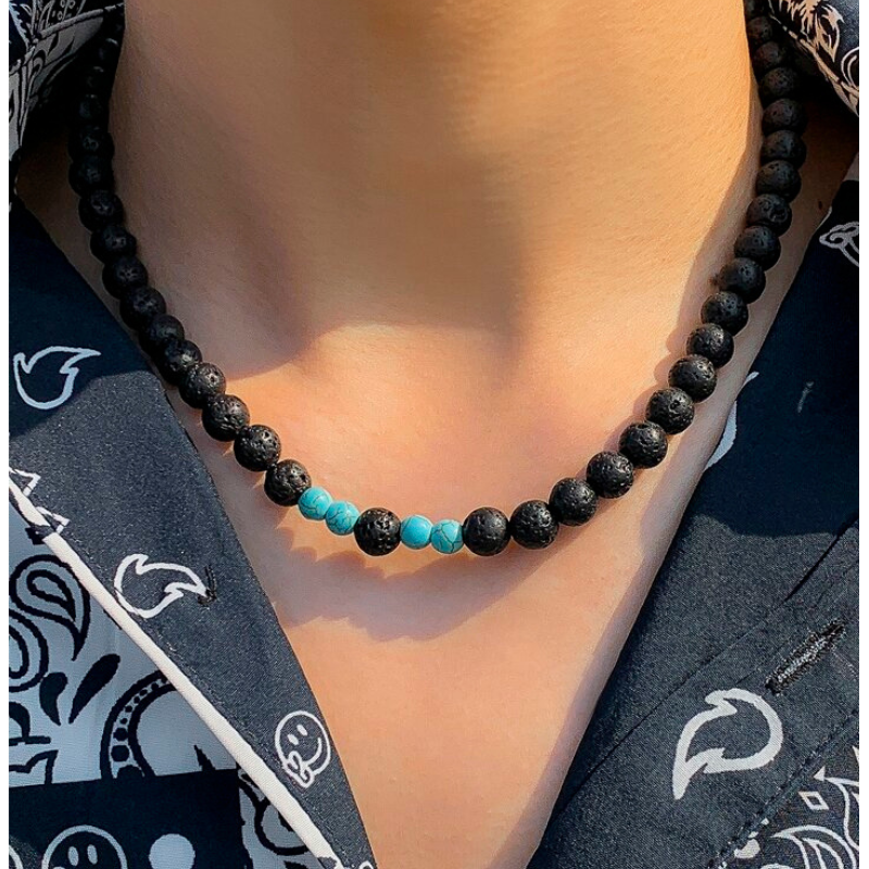 Men's Lava & Turquoise Gemstone Beaded Crystal Necklace