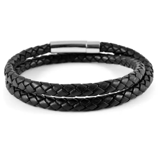 Double Black Braided Leather Wrap Bracelet