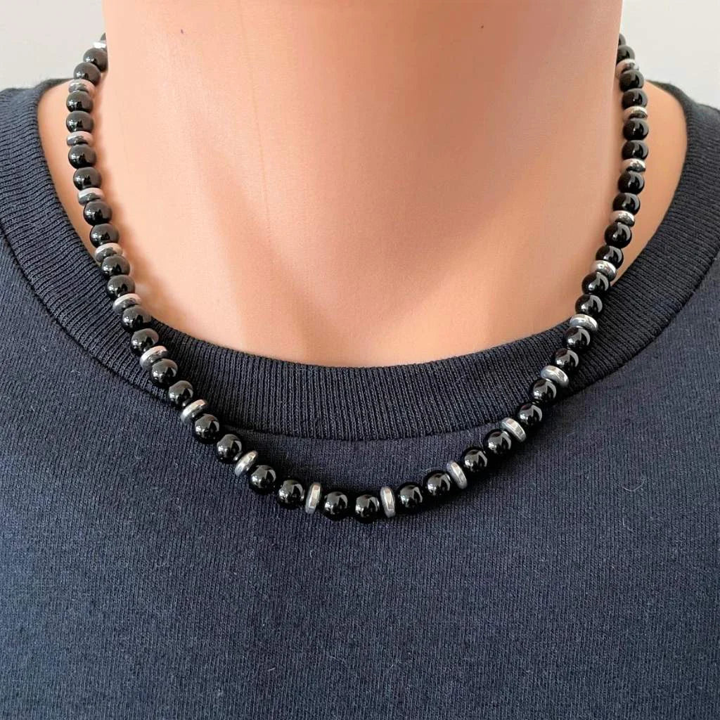 Men's Onyx Gemstone Beaded Crystal Necklace