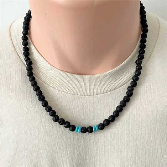 Men's Lava With Turquoise Gemstone Beaded Crystal Necklace Style 2