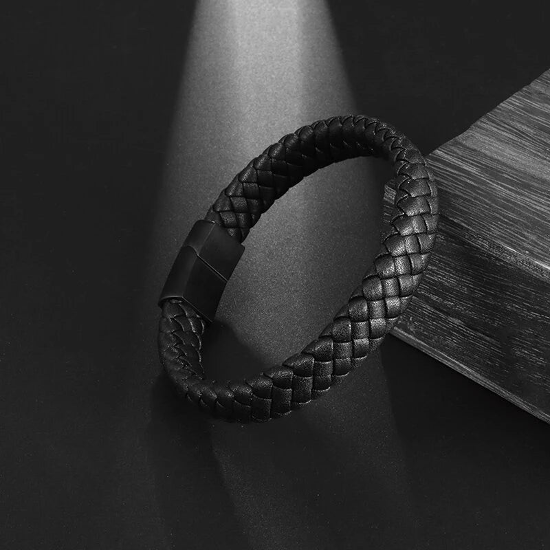 Black Braided Leather Wrap Bracelet