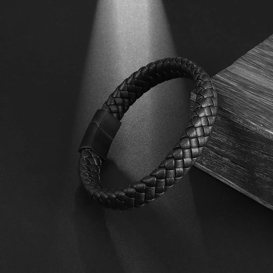 Black Braided Leather Wrap Bracelet