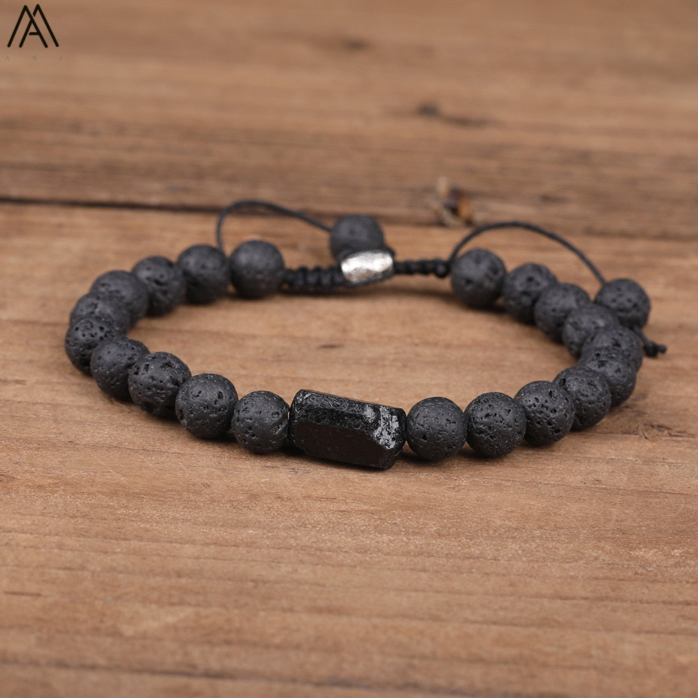 Natural Black Tourmaline Black Lava Stone Beads Bracelet