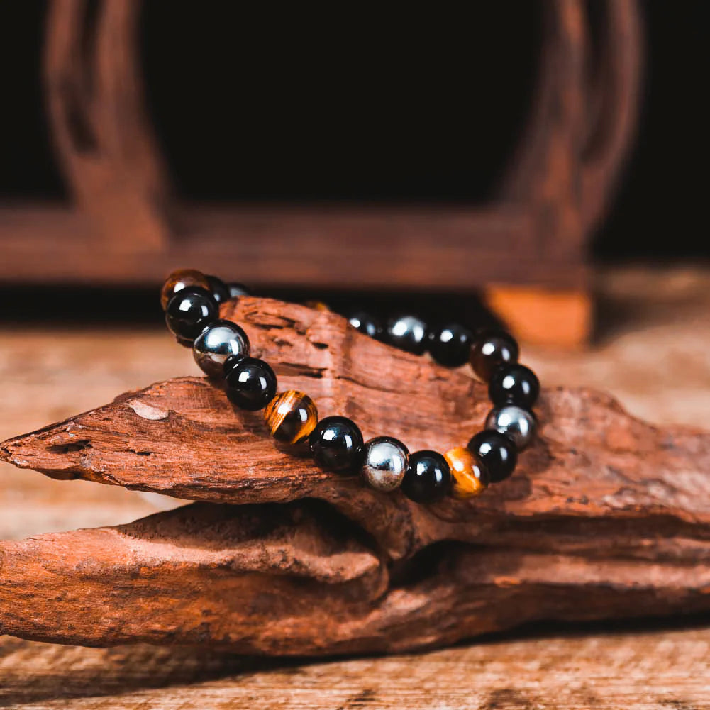 Triple Protection Bracelet Natural Stones: Hematite, Black Obsidian, Tiger Eye