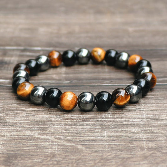 Triple Protection Bracelet Natural Stones: Hematite, Black Obsidian, Tiger Eye