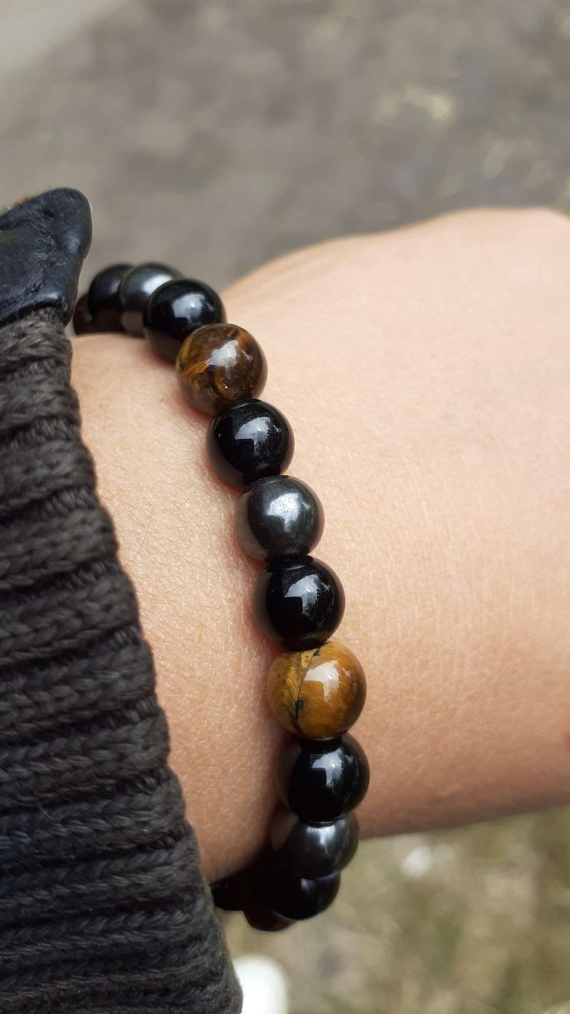 Triple Protection Bracelet Natural Stones: Hematite, Black Obsidian, Tiger Eye